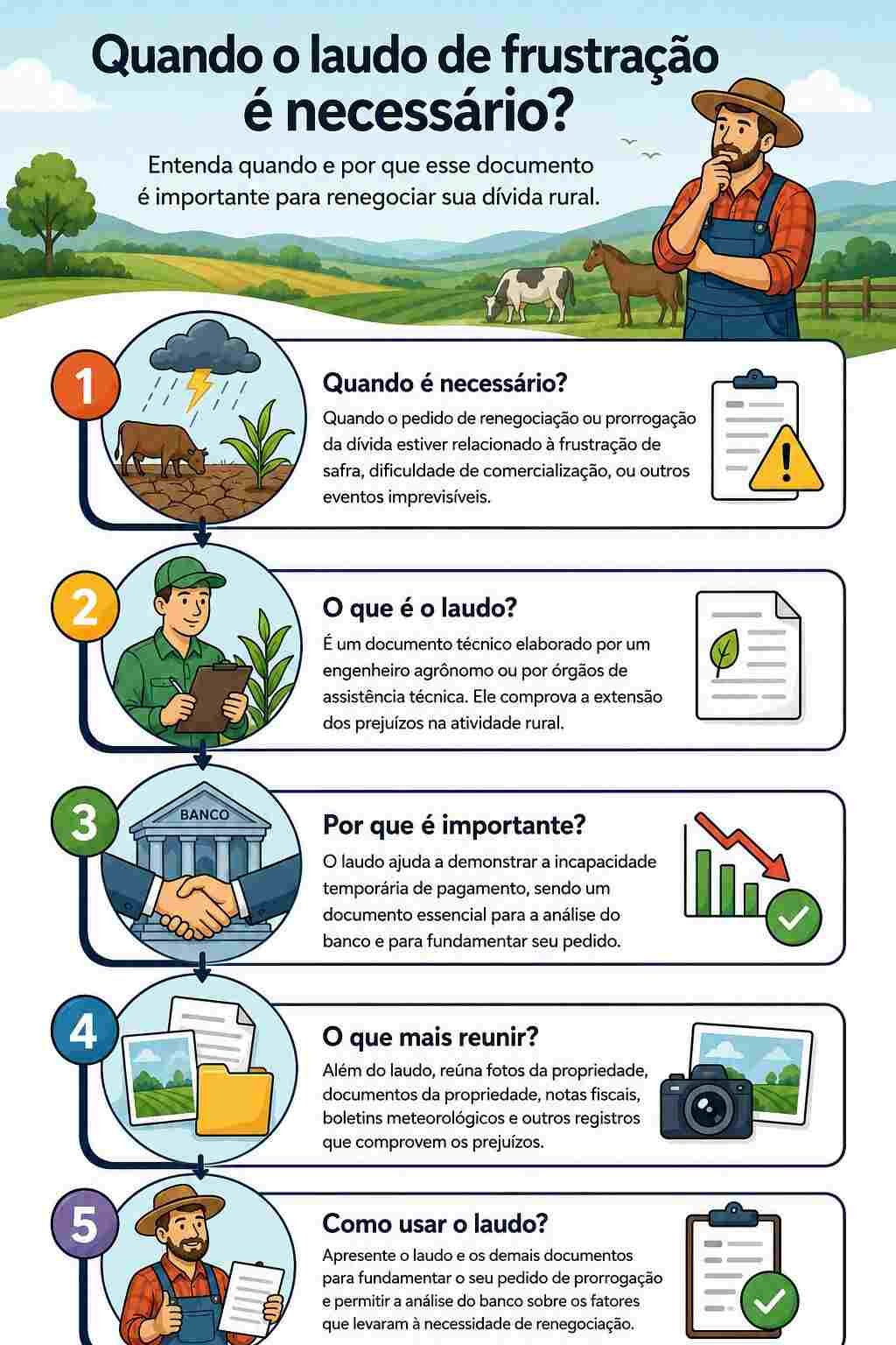 Infográfico explicando quando o laudo de frustração é necessário para renegociar dívida rural.