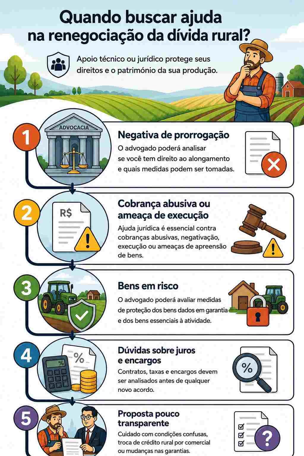 Infográfico mostrando quando buscar apoio jurídico ou técnico na renegociação de dívida rural.