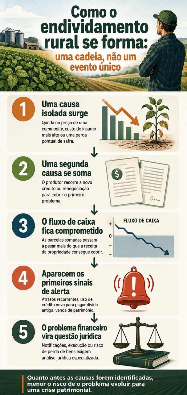 Infográfico explicando como o endividamento rural se desenvolve de forma progressiva.