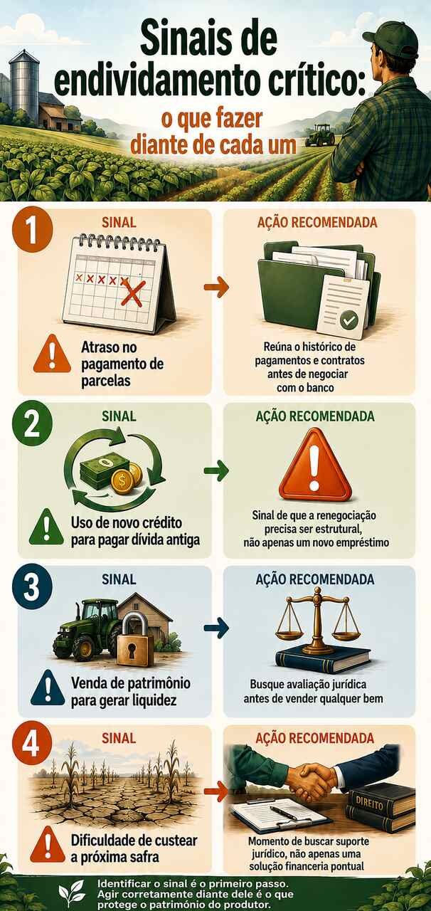 Infográfico mostrando os principais sinais de endividamento crítico no agronegócio e as ações recomendadas para proteger o patrimônio do produtor rural.